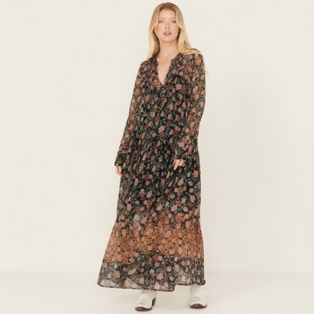 Free People See It Through Floral Long Sleeve Maxi Dress Black Combo Small